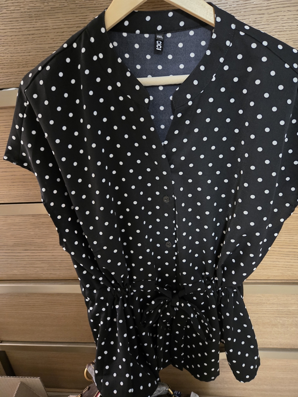 Polka Dot Drawstring Waist Blouse - Black/White